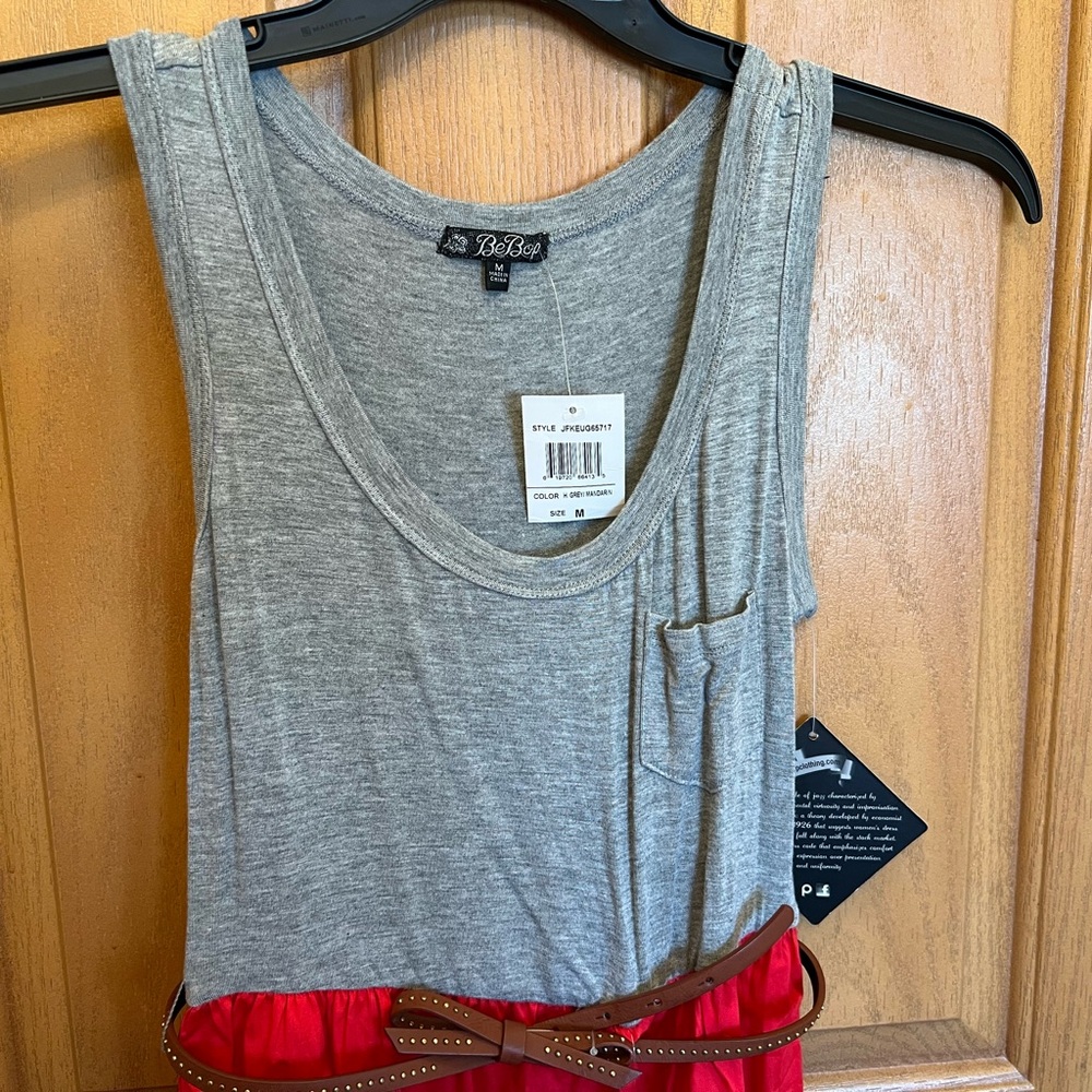 BeBop Gray and Red Sleeveless Dress with Brown Belt - Picture 2 of 12